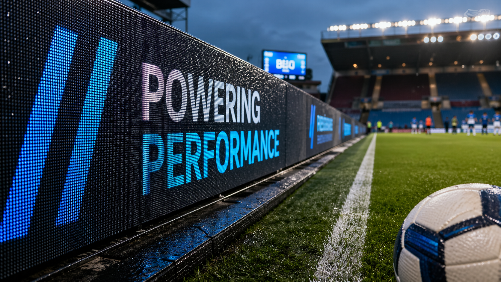 The image captures a low-angle view of a football field during a match, featuring an illuminated advertisement board that reads 'POWERING PERFORMANCE.' A soccer ball is positioned near the edge of the field, with blurred players in the background.