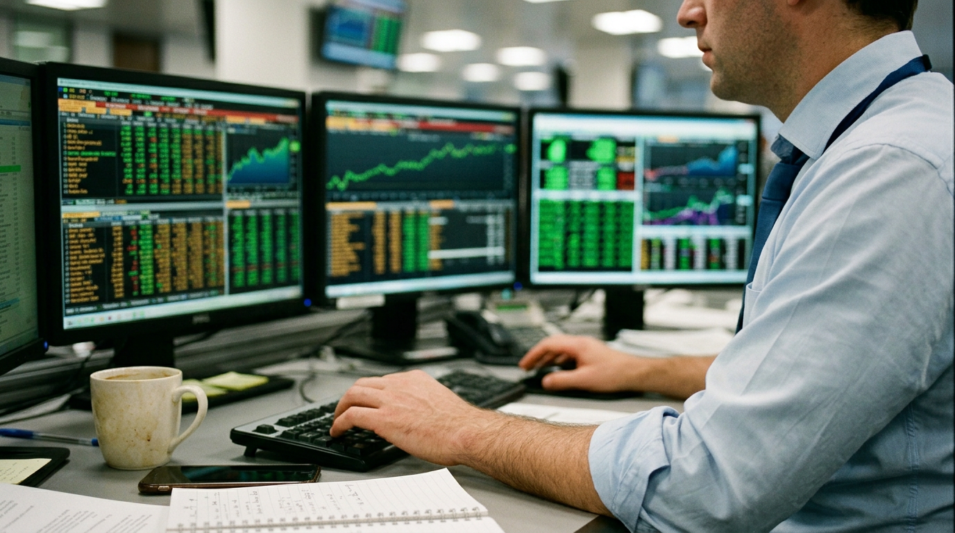 The image captures a male trader engaged at a multi-monitor workstation on an investment bank trading floor during a market-up session. His pale blue shirt and loosened dark tie contrast with the greenish glow of financial tickers and charts on the screens, indicating a positive trading atmosphere as he interacts with the keyboard and mouse, surrounded by a bustling environment of other traders.