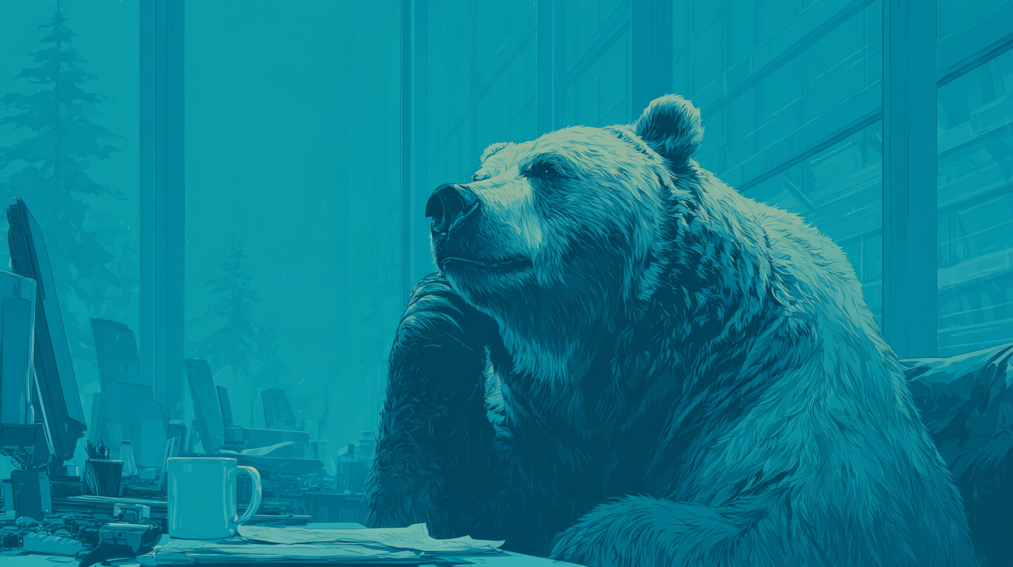 The image features a thoughtful bear sitting at a desk in an office environment, surrounded by computer monitors. The bear appears contemplative as it rests its chin on its paw, creating an unusual and whimsical juxtaposition of wildlife in a corporate setting.