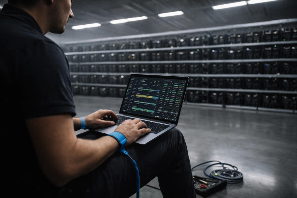 A person is seated in a data center, working on a laptop that displays trading data. The background features rows of servers, indicating a technological environment.