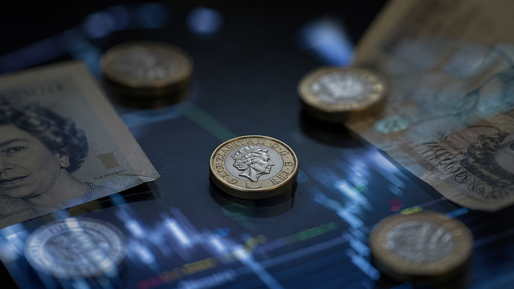 The image shows British coins and banknotes arranged on a dark background with a financial graph overlay. A one-pound coin is prominently featured in the center, with images of Queen Elizabeth II visible on the currency.