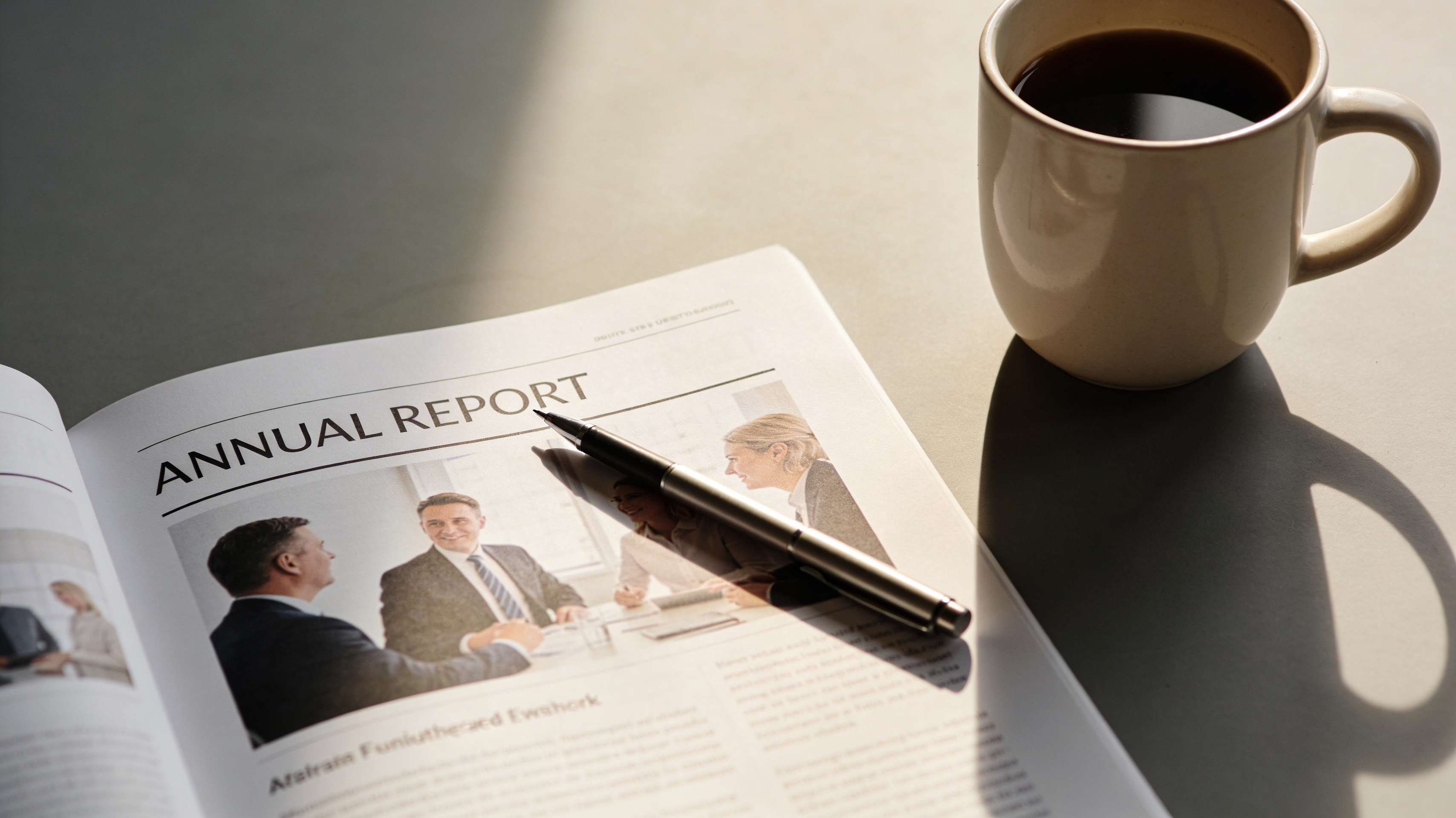 The image features a close-up of an open magazine page displaying an 'Annual Report' article. It includes images of three professionals engaged in a discussion, accompanied by a coffee cup and a pen beside the magazine.