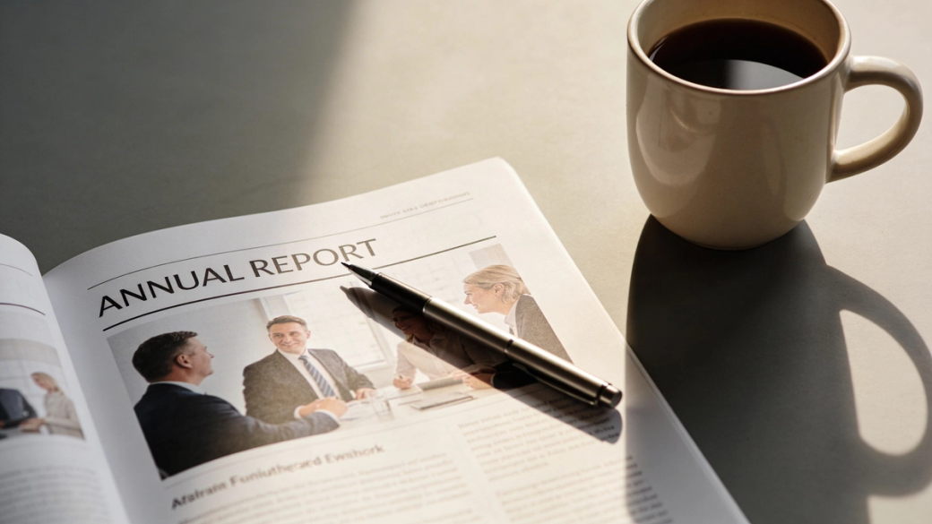 The image features a close-up of an open magazine page displaying an 'Annual Report' article. It includes images of three professionals engaged in a discussion, accompanied by a coffee cup and a pen beside the magazine.