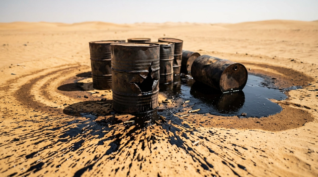 The image depicts a cluster of oil drums in a desert setting, some of which are leaking crude oil into the surrounding sand. The thick black liquid spreads out in concentric patterns, contrasting against the clean golden sand. Scattered spent shell casings are visible among the barrels, suggesting an aftermath of conflict over oil resources.