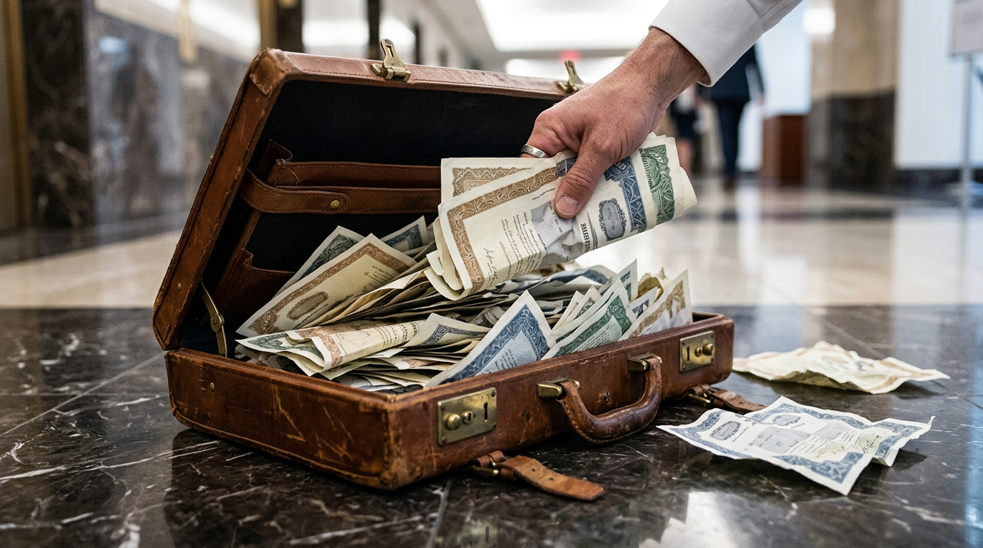 The image shows a close-up view of an open leather briefcase, which is half-filled with various stock certificates that are carelessly stuffed inside. A hand is seen entering the frame, pushing additional certificates into the already crowded case, emphasizing a sense of urgency. The polished stone floor reflects both the briefcase and the hand, adding to the corporate atmosphere.
