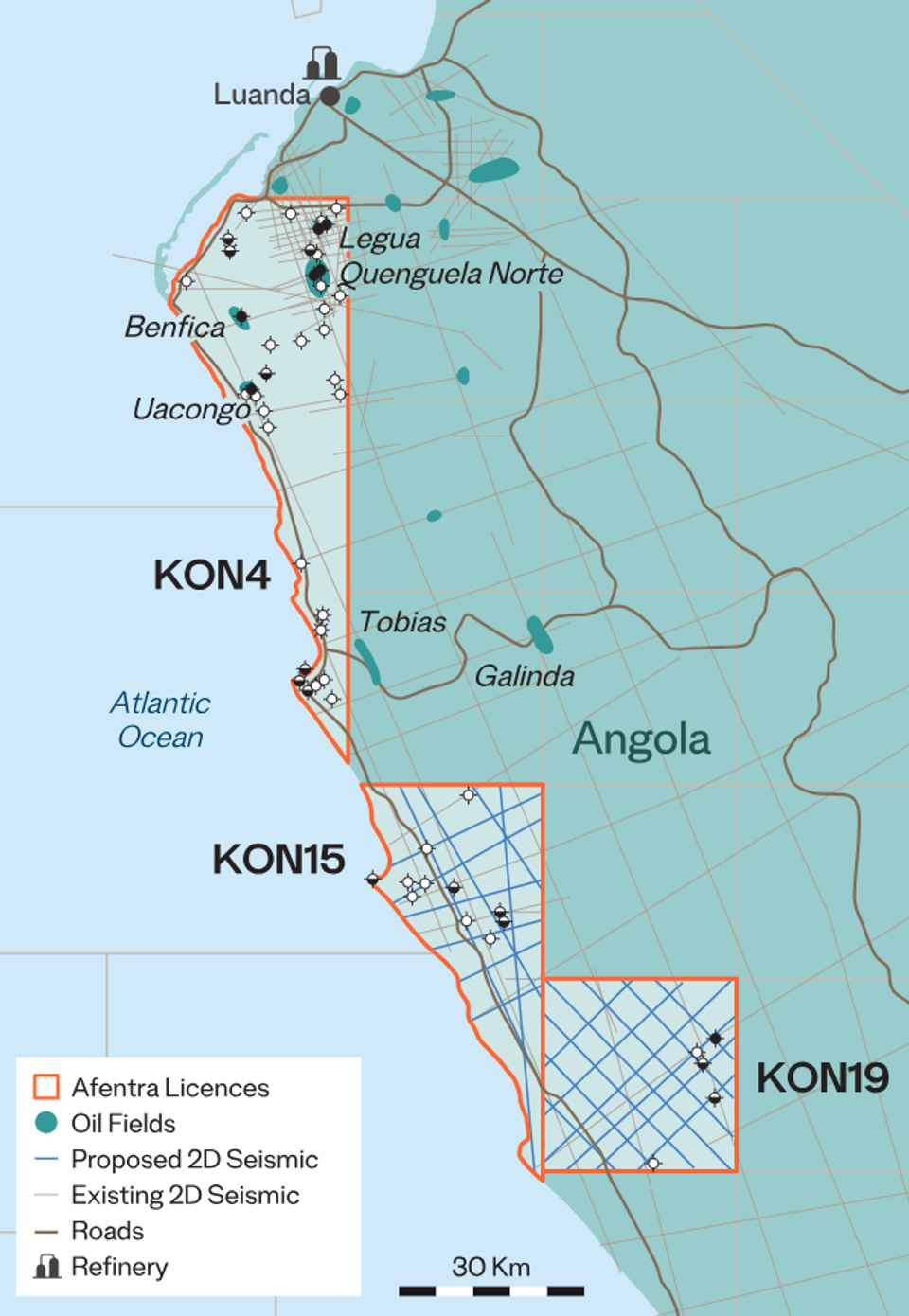 The image is a map depicting the coastal region of Angola, highlighting oil exploration areas. It shows various licenses, seismic activity, and locations of roads and a refinery.