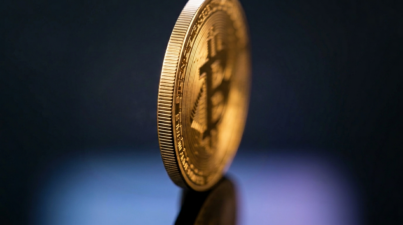 A close-up image of a gold Bitcoin coin, prominently displayed with a blurred dark background. The coin is angled slightly, showcasing its detailed design and the Bitcoin symbol 'B'.