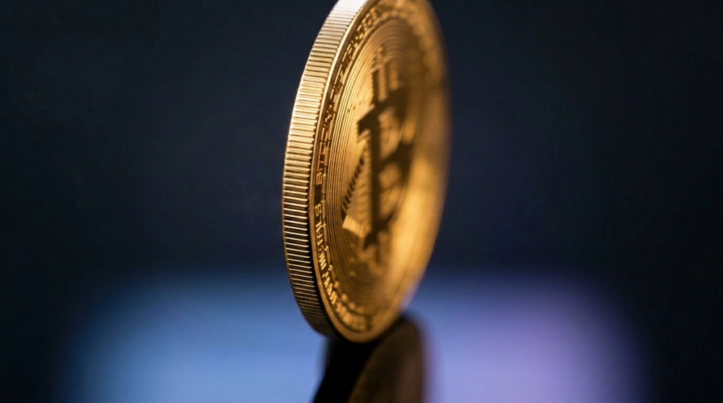A close-up image of a gold Bitcoin coin, prominently displayed with a blurred dark background. The coin is angled slightly, showcasing its detailed design and the Bitcoin symbol 'B'.