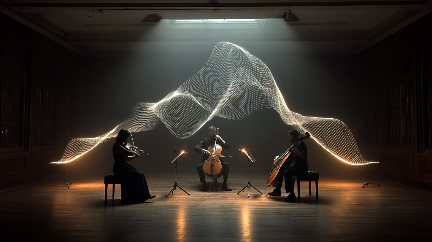 A trio of musicians, consisting of two violinists and a cellist, perform in a dimly lit room. Ethereal light waves illuminate the scene, creating a dramatic and artistic atmosphere.