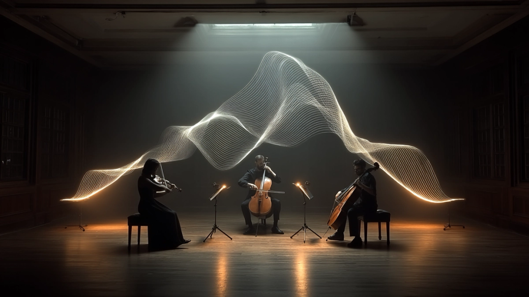 A trio of musicians, consisting of two violinists and a cellist, perform in a dimly lit room. Ethereal light waves illuminate the scene, creating a dramatic and artistic atmosphere.