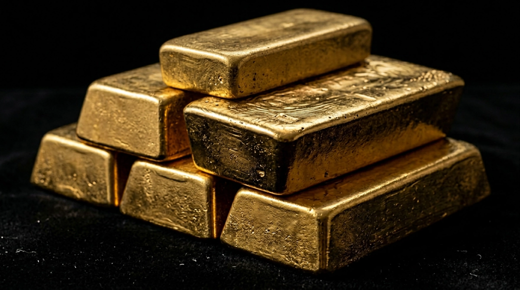 The image depicts a meticulously arranged stack of cast gold bars in a staggered formation. Each bar showcases the distinctive trapezoidal shape with visible pour lines and a lustrous sheen, highlighting the textures created during the casting process against a rich black background.