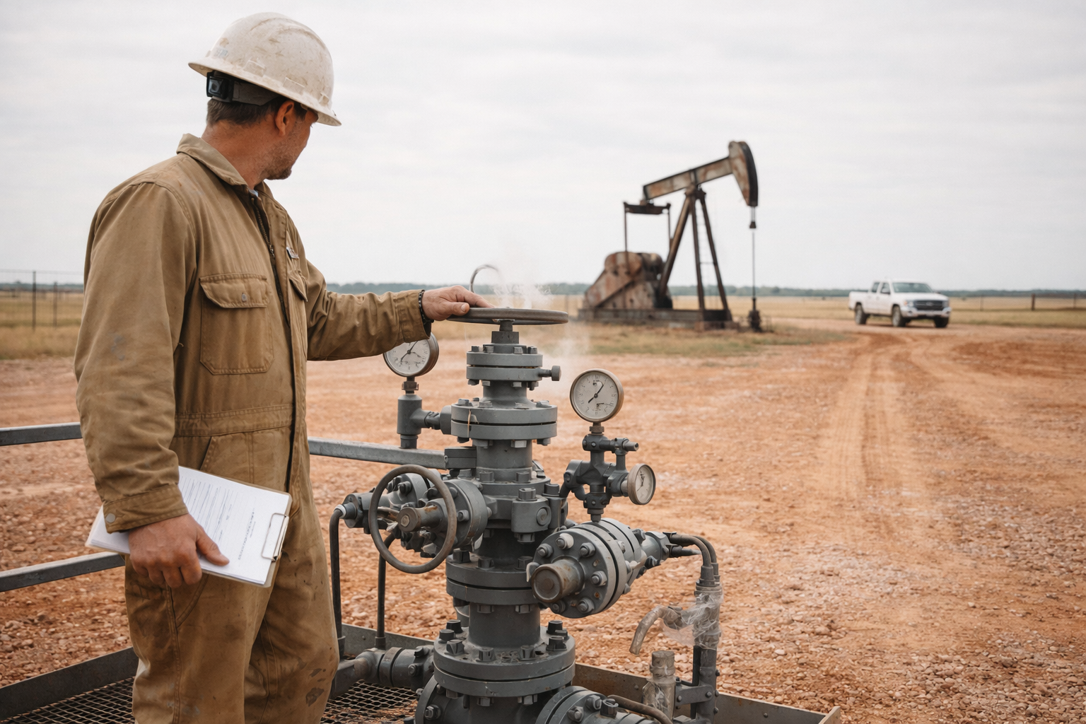 A technician in a hard hat examines a valve on an oil drilling platform. In the background, an oil pump jack operates amid an arid landscape, with a vehicle parked nearby.