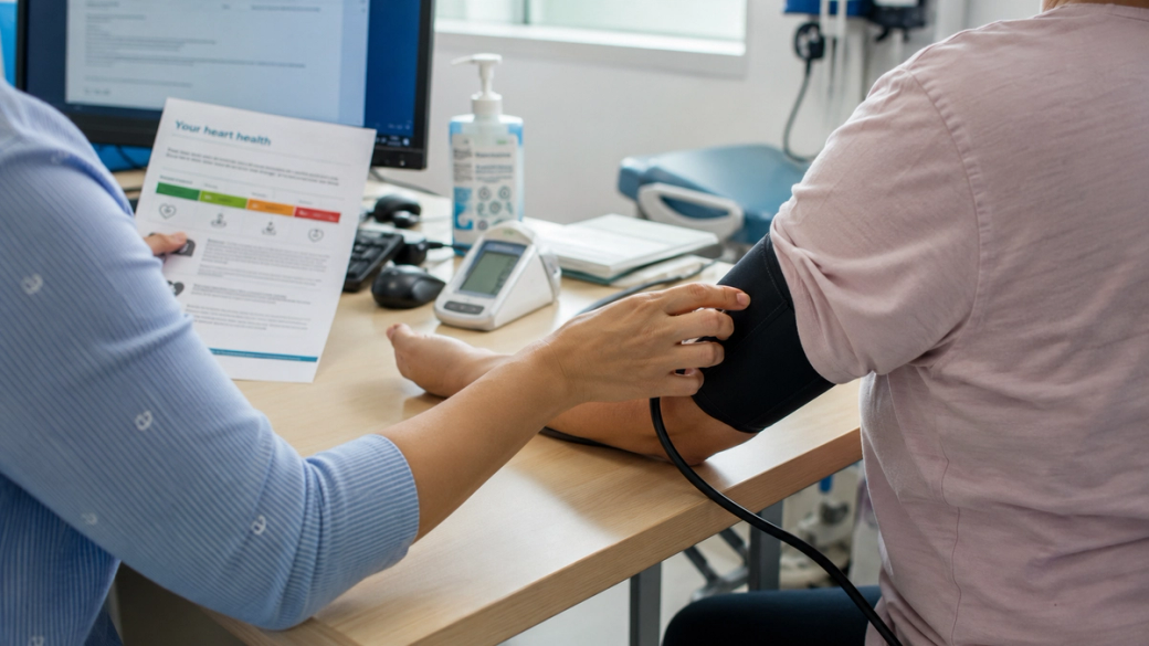 A healthcare professional is taking a patient's blood pressure in a clinical setting. The patient is seated at a desk with a health brochure and medical equipment in view.