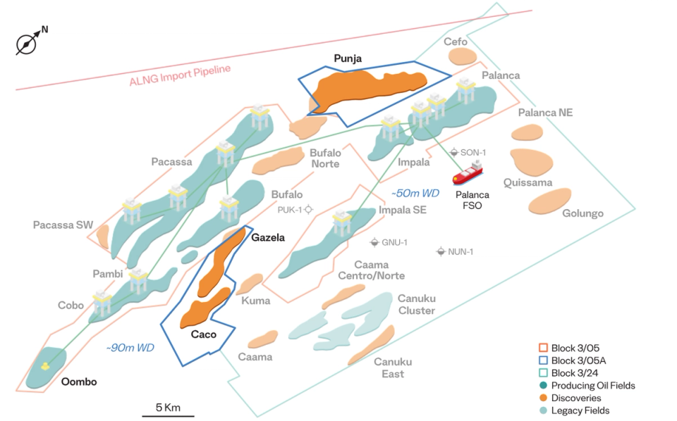 The image depicts a geographical map highlighting various oil fields and exploration blocks in a specific region. Notable areas such as Caco, Gazela, and Punja are marked, along with pipelines and water bodies.