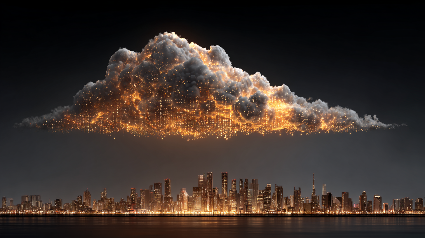 The image depicts a luminous cloud filled with glowing particles hovering over a city skyline at night. The contrast between the dark surroundings and the illuminated cloud creates a dramatic visual impact.