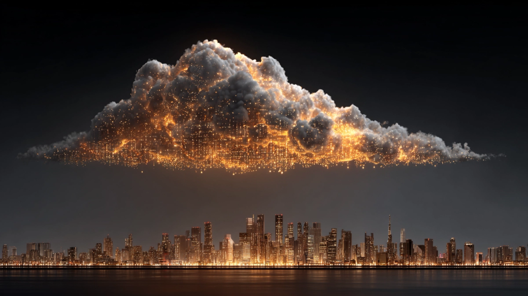 The image depicts a luminous cloud filled with glowing particles hovering over a city skyline at night. The contrast between the dark surroundings and the illuminated cloud creates a dramatic visual impact.