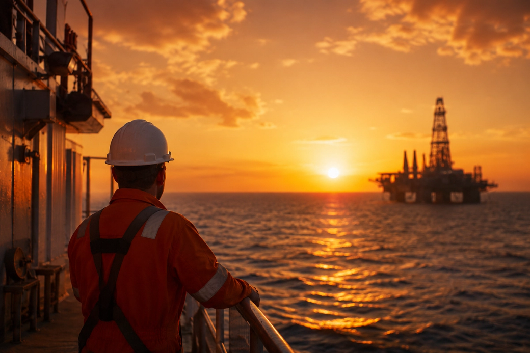A worker in an orange jumpsuit and helmet observes an oil rig during sunset at sea. The scene captures the tranquil yet industrious atmosphere of offshore oil exploration.
