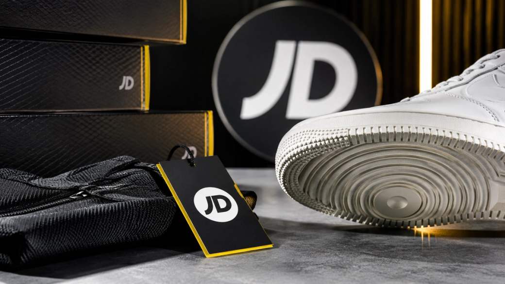 The image showcases a close-up of a white sneaker resting on a textured surface, with a prominent JD logo visible on a tag and in the background. Two dark boxes bearing the JD logo can also be seen, creating a focused brand presentation.