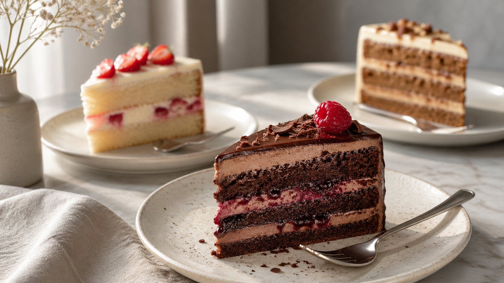 The image features a close-up of a slice of chocolate cake topped with a raspberry, positioned on a plate. In the background, there are two additional cakes: a light sponge cake with strawberries and a layered cake with cream. The setting is a bright, elegant dining table with a soft, neutral ambiance.