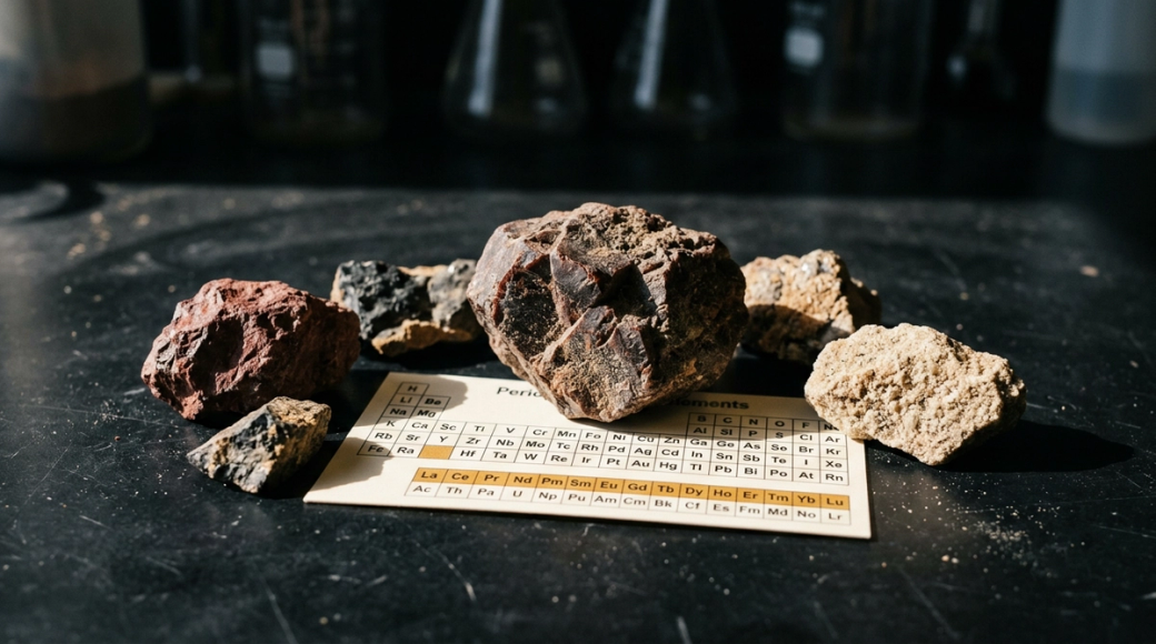 The image displays a collection of various types of rocks and minerals positioned on a dark surface, alongside a periodic table of elements. The scene is illuminated by natural light, highlighting the textures of the stones. Represents 'rare earth elements'