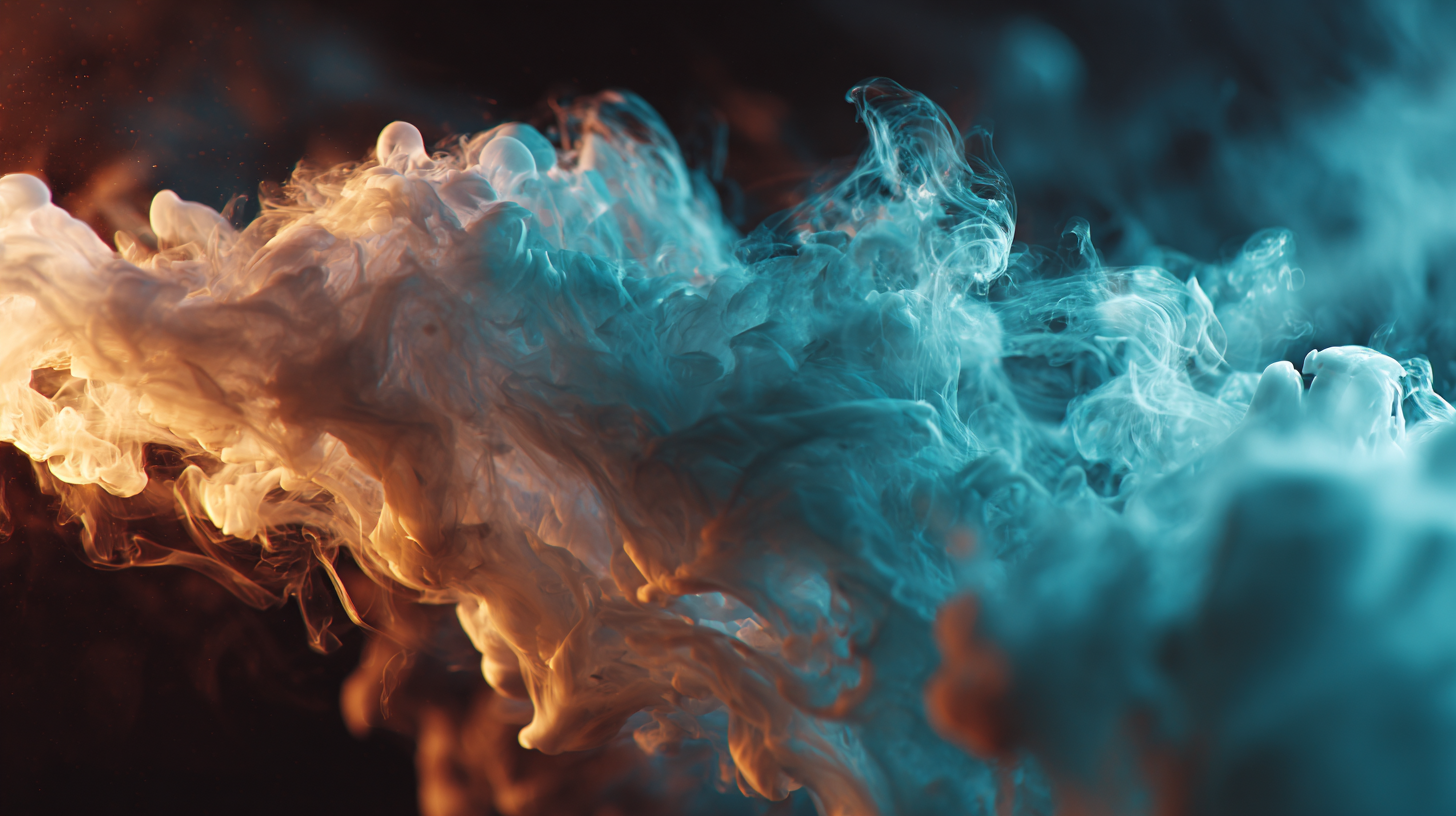 The image depicts a swirling cloud of colorful smoke, blending shades of orange and blue. It creates a dynamic and ethereal atmosphere, with the smoke appearing to flow and intertwine gracefully.