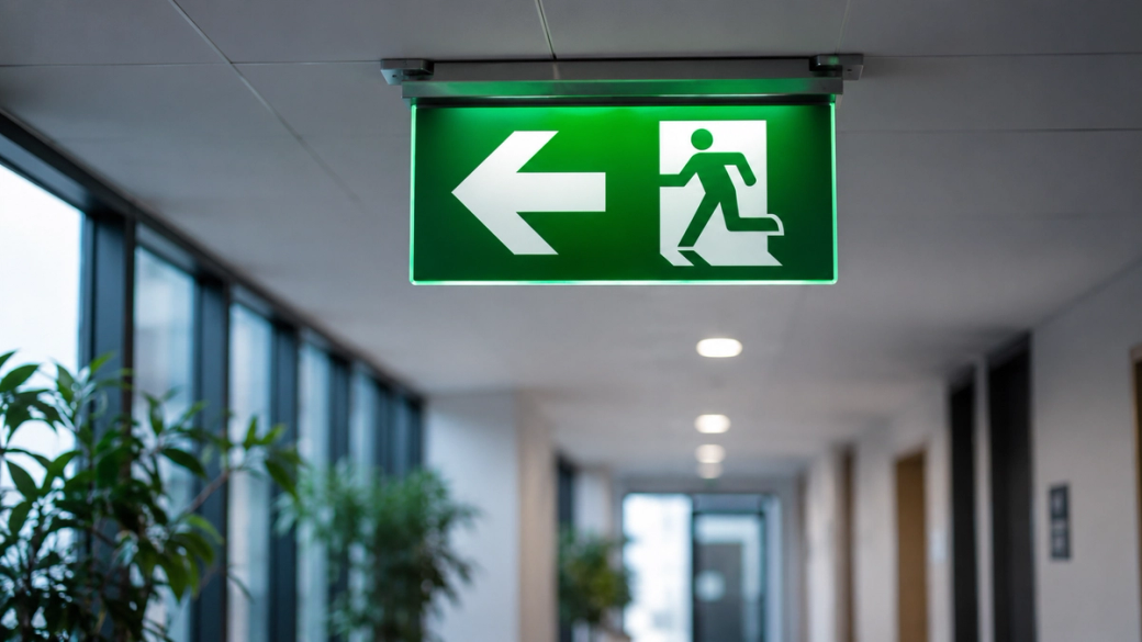 The image features an illuminated green exit sign indicating a leftward direction, set in a modern interior corridor. The surrounding area includes large glass windows and potted plants, contributing to a contemporary office environment.