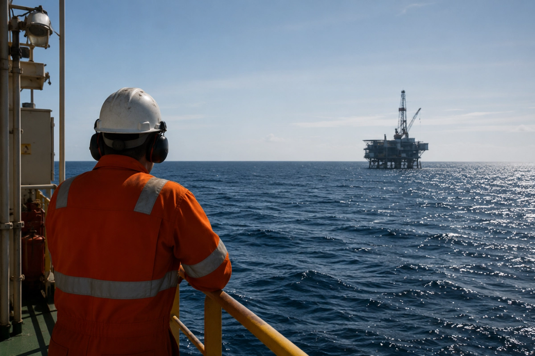 A worker in an orange jumpsuit and hard hat observes an offshore oil drilling rig from a distance. The clear blue sky and calm sea create a serene backdrop for the industrial scene.