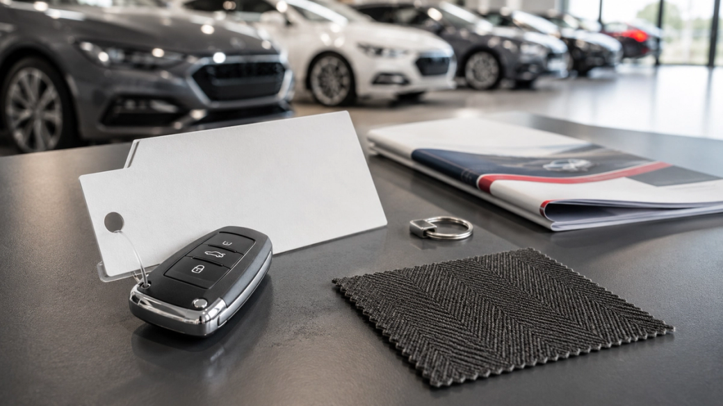 An automotive showroom featuring a car key fob, a fabric swatch, a vehicle brochure, and a keychain on a display table. In the background, several cars are positioned for potential buyers.