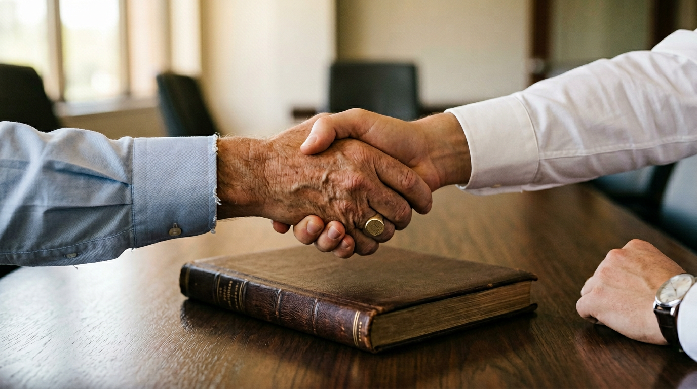 The image captures a close-up of a handshake between an older hand, marked by age and a signet ring, and a younger hand, representing a fresh perspective. This gesture occurs across a wooden boardroom table, with a closed leather-bound minute book in the foreground, suggesting themes of leadership transition and institutional continuity.