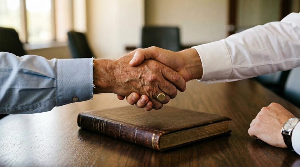 The image captures a close-up of a handshake between an older hand, marked by age and a signet ring, and a younger hand, representing a fresh perspective. This gesture occurs across a wooden boardroom table, with a closed leather-bound minute book in the foreground, suggesting themes of leadership transition and institutional continuity.