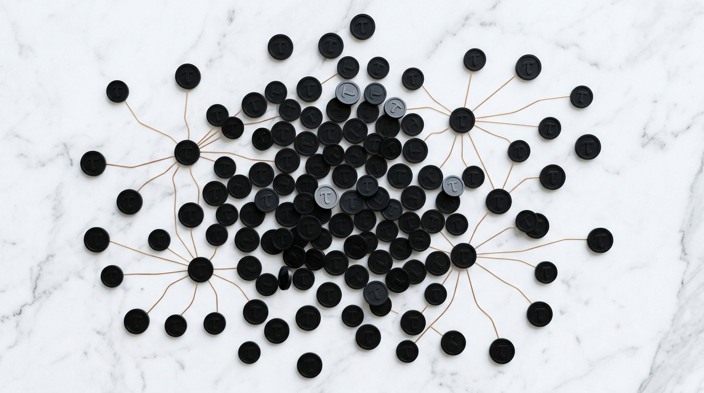 The image shows an overhead view of a white marble surface scattered with numerous matte black circular tokens, each featuring a raised tau (τ) symbol. The tokens are arranged in a loose cluster, with some connected by fine metallic traces resembling a network, symbolizing interconnections and isolated tokens that reflect a systemic structure.