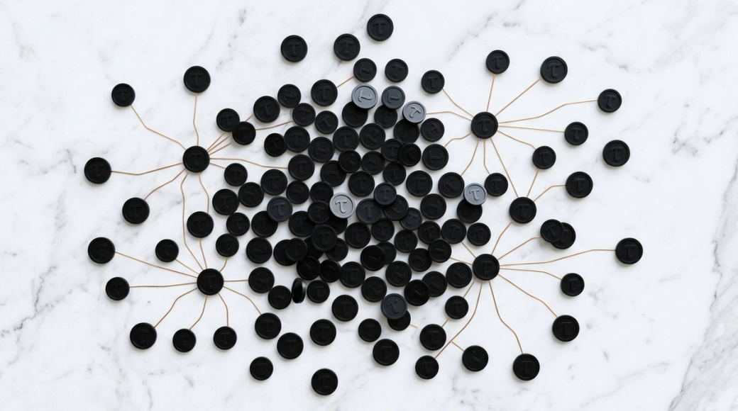 The image shows an overhead view of a white marble surface scattered with numerous matte black circular tokens, each featuring a raised tau (τ) symbol. The tokens are arranged in a loose cluster, with some connected by fine metallic traces resembling a network, symbolizing interconnections and isolated tokens that reflect a systemic structure.