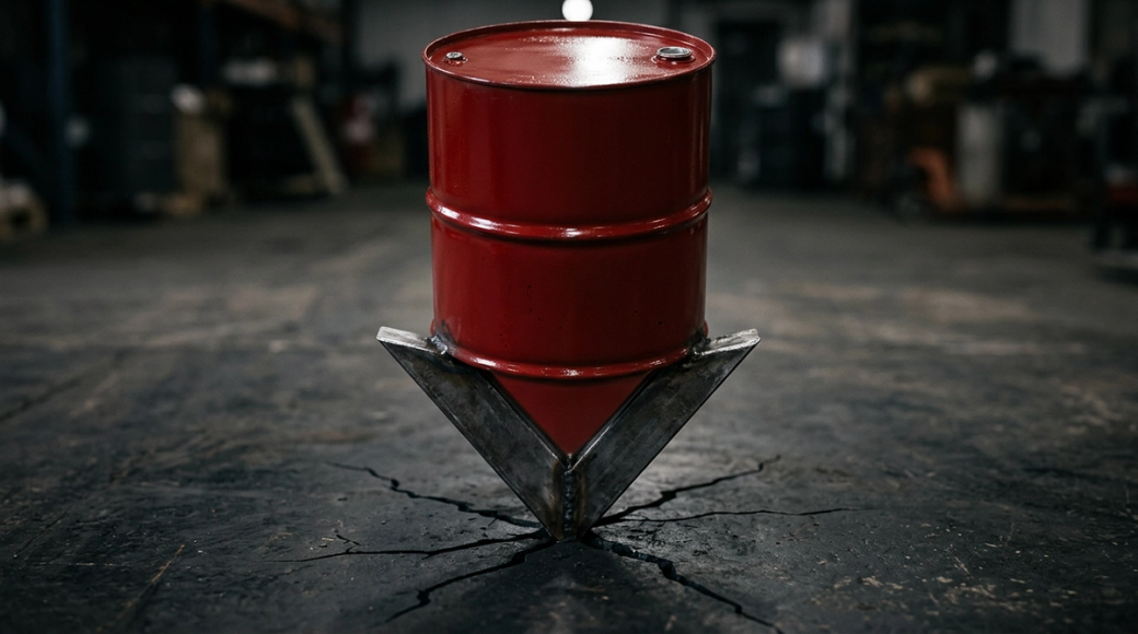 The image features a striking visual of an oil drum upright on a dark surface, painted deep blood-red and designed to resemble a downward-pointing arrow. The pointed steel chevron at the base acts as the arrowhead, pressing into the ground which is cracked beneath its force, symbolizing the potential commodity market crash and the fall in oil prices.