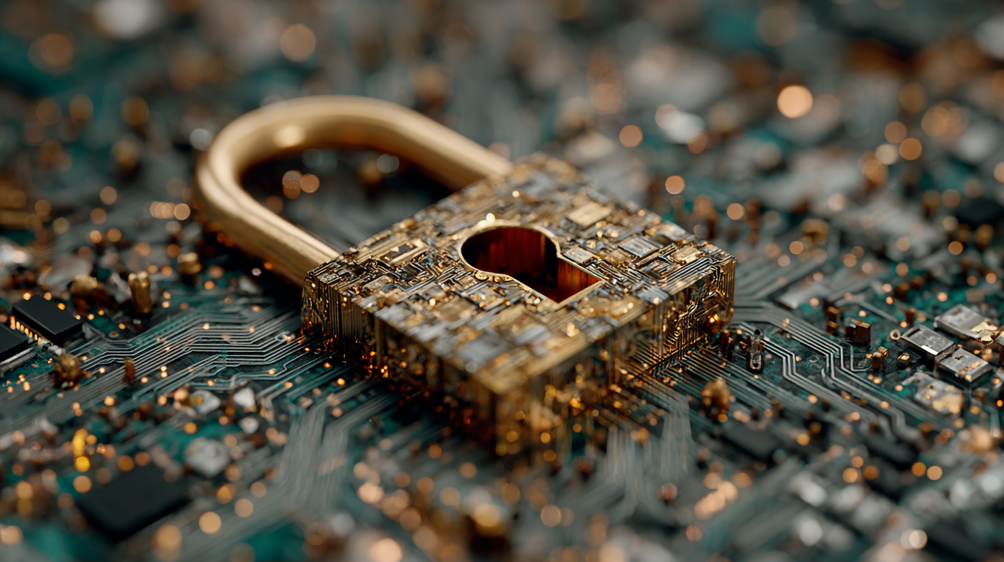The image depicts a golden padlock resting on a circuit board, symbolizing cybersecurity and data protection. The intricate design of the padlock highlights advanced technology in a digital context.