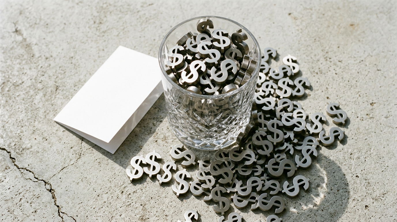 The image features a heavy cut-crystal tumbler, slightly off-centre, overflowing with sculptural dollar symbols rendered in brushed nickel. These symbols create a scattered arc across a weathered pale concrete surface, emphasizing themes of wealth and abundance. A single folded white card is positioned beside the tumbler, adding a subtle contrast to the scene.