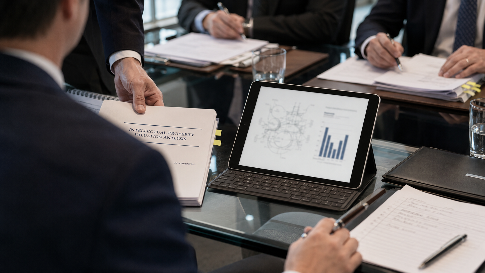 A business meeting is taking place with several individuals discussing an intellectual property valuation analysis. The focus is on a tablet displaying analytical graphs, while documents are spread across the table.
