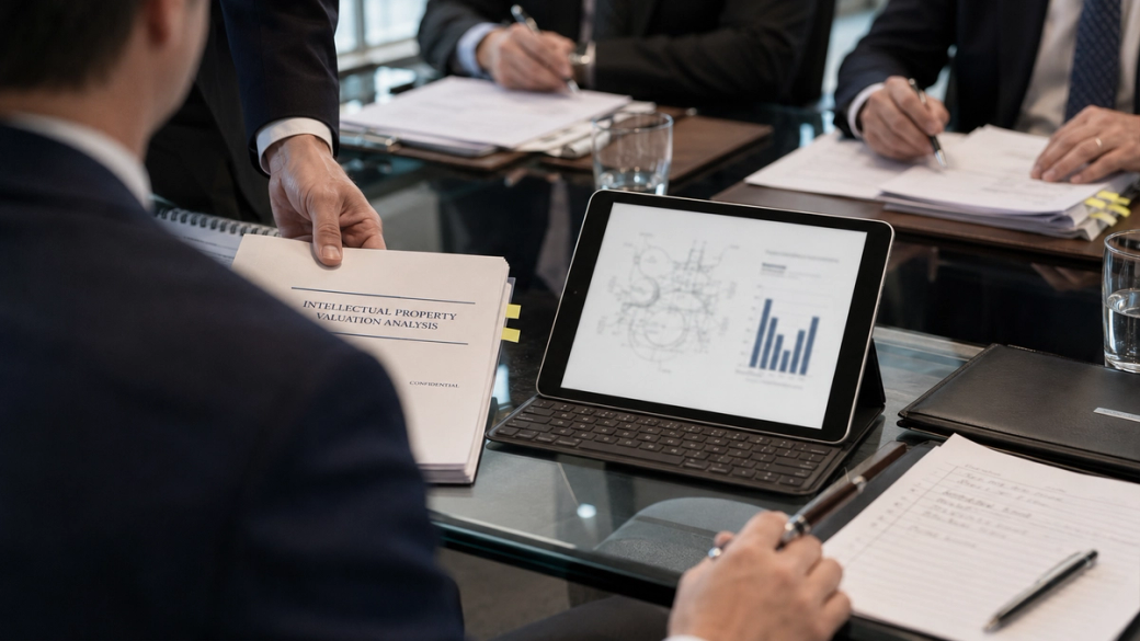 A business meeting is taking place with several individuals discussing an intellectual property valuation analysis. The focus is on a tablet displaying analytical graphs, while documents are spread across the table.