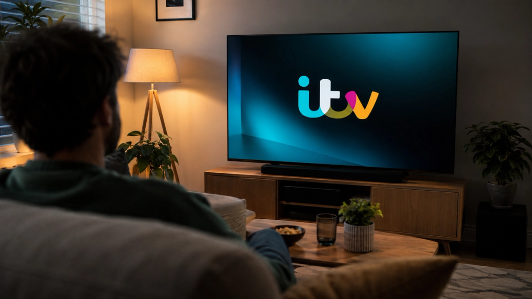 A person is sitting on a couch in a cozy living room, watching a television displaying the ITV logo. The scene is illuminated by a warm lamp, creating a comfortable atmosphere.