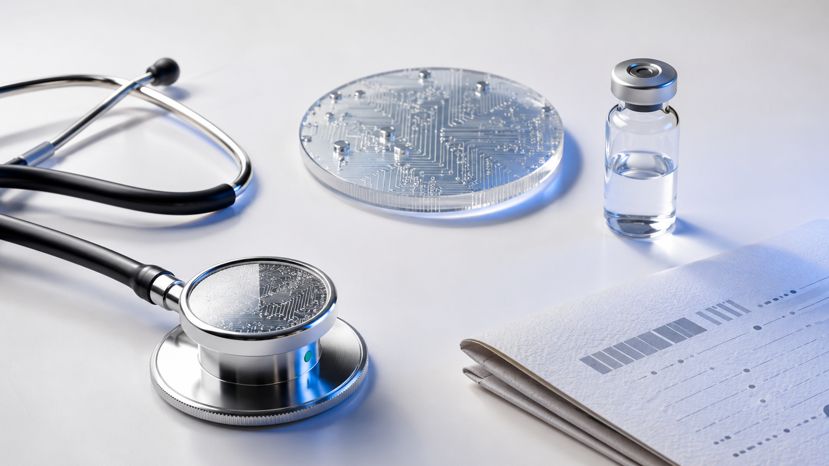 The image features a stethoscope, a circular glass object resembling a circuit board, a vial of liquid, and a folder with printed graphs or data sheets, suggesting a focus on healthcare technology. This composition conveys a blend of medical and technological themes.