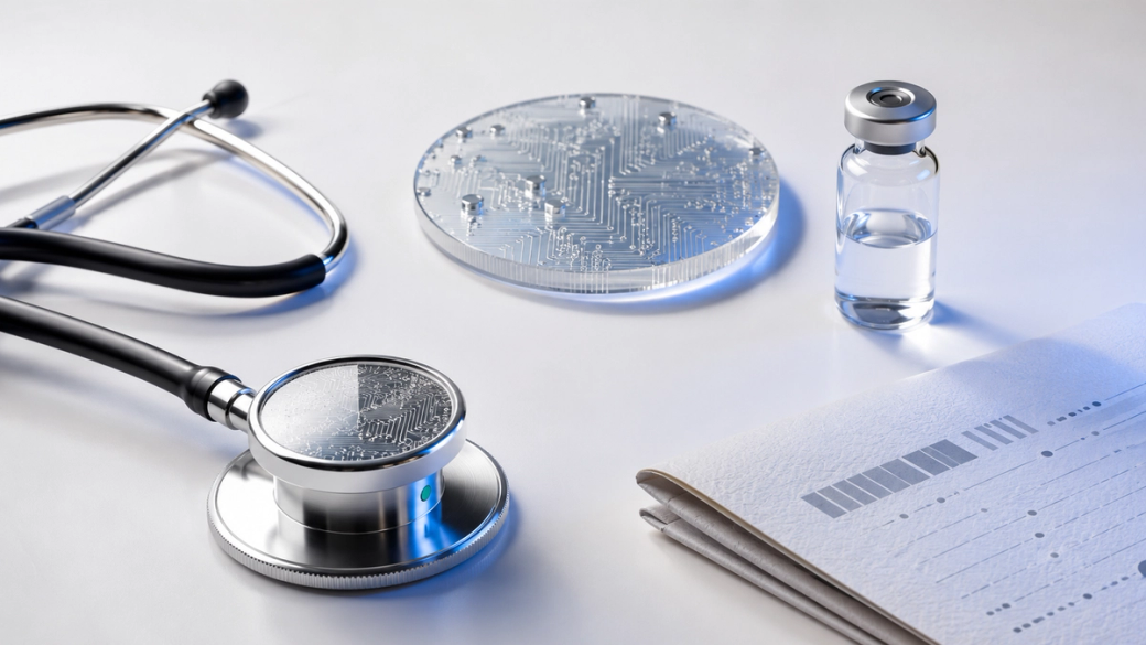 The image features a stethoscope, a circular glass object resembling a circuit board, a vial of liquid, and a folder with printed graphs or data sheets, suggesting a focus on healthcare technology. This composition conveys a blend of medical and technological themes.