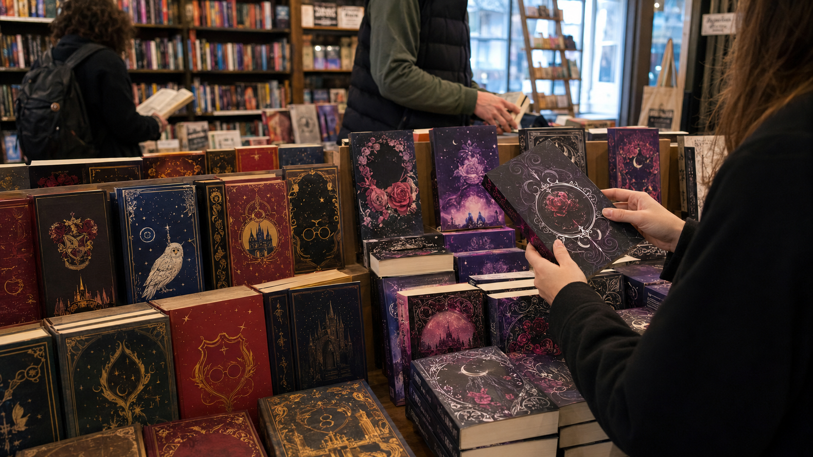 The image depicts a vibrant bookstore interior filled with colorful, intricately designed books. A person is holding a book with a floral and cosmic cover while another individual browses in the background.