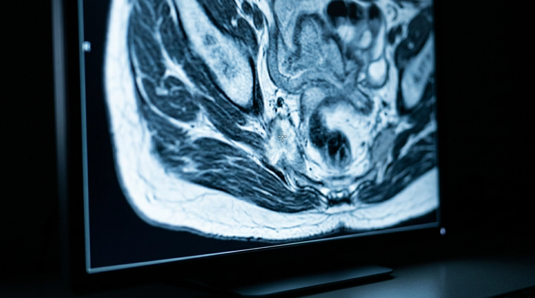 The image depicts a glowing medical imaging screen displaying a cross-sectional view of anatomical structures in shades of blue and white. The representation of tissue densities creates an abstract, topographic appearance, indicating a region of interest with a highlighted cursor point. The background is entirely dark, emphasizing the luminous quality of the scan, presenting a cutting-edge approach to diagnostics.