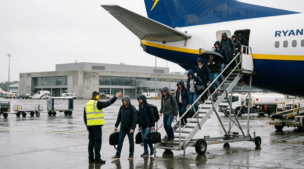Passengers are boarding a Ryanair flight via rear stairs on a rain-wet tarmac. The aircraft's tail and fuselage dominate the upper frame as travellers, equipped with carry-on bags and wearing hoods to shield against the drizzle, climb the portable stairs. A ground crew member in a high-visibility vest gestures to the next group waiting to board, highlighting the efficient nature of modern air travel amid dreary weather.