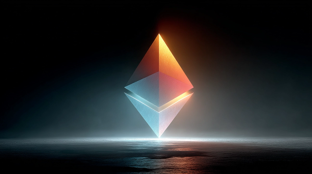 The image features an illuminated 3D representation of the Ethereum logo, characterized by its distinct diamond shapes. The background is dark with a subtle gradient, enhancing the logo's glowing effect.