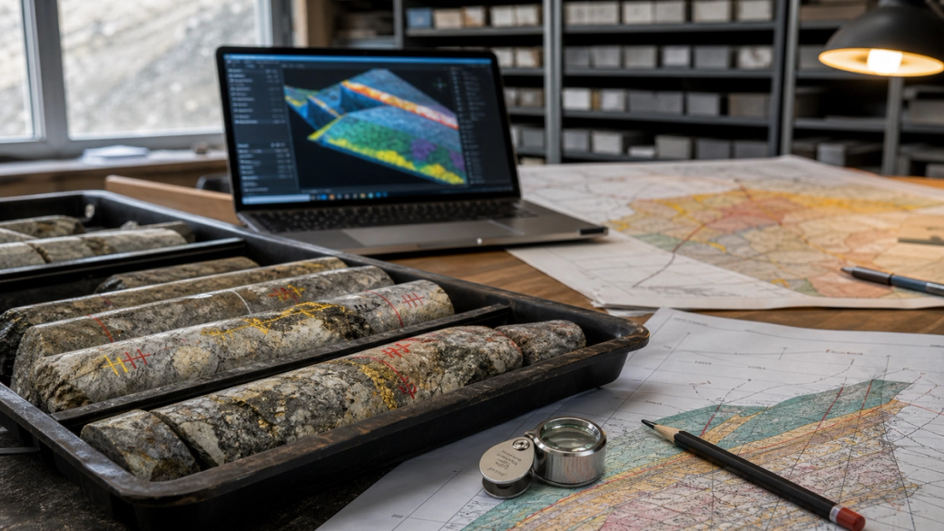 The image showcases a geological analysis workspace featuring drill core samples laid out in a tray, alongside geological maps on a wooden desk. A laptop displays a digital representation of geological data, indicating ongoing analysis in a mining context.