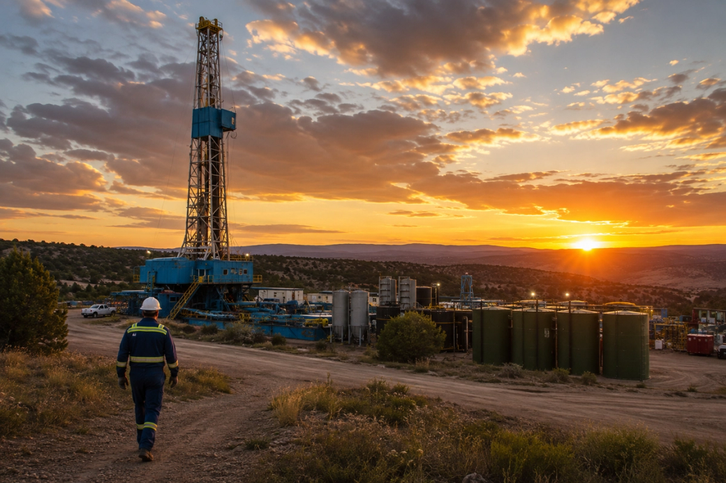 A worker in safety gear walks towards a drilling rig at sunset, highlighting an active oil drilling site. The sky is filled with clouds, casting a warm glow over the landscape.