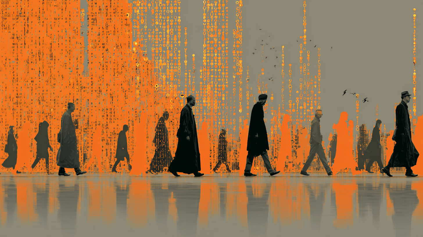 The image depicts a stylized scene of individuals walking in a line against a backdrop of vibrant orange, resembling a digital landscape. The figures are dressed in dark attire, creating a contrast with the bright, abstract elements in the background.