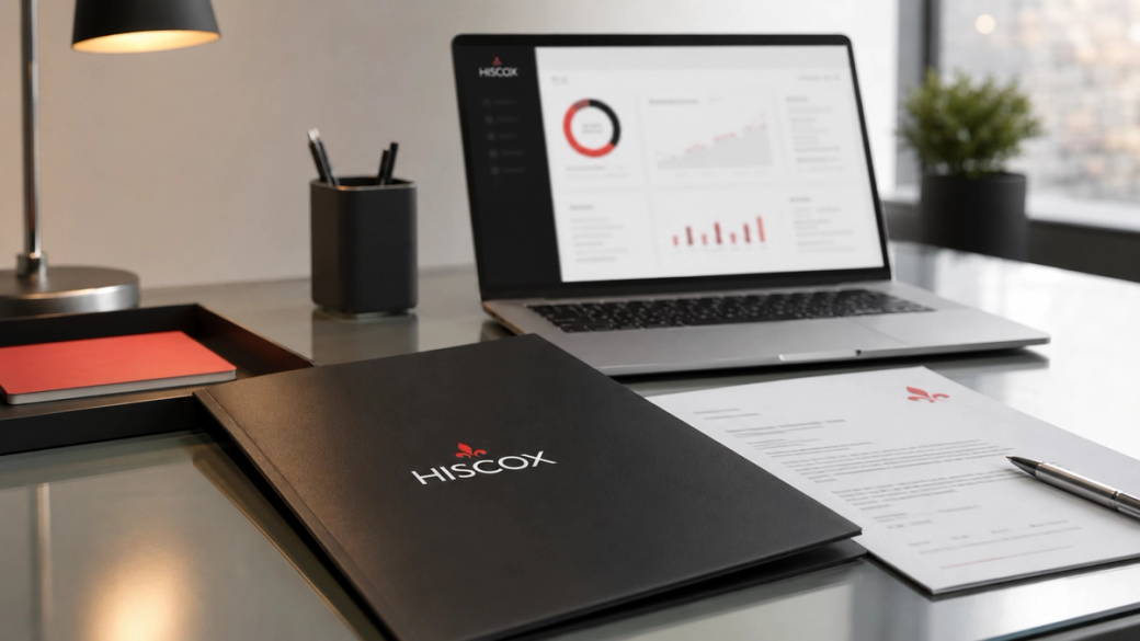 The image depicts a modern office setup featuring a black portfolio with the logo of Hiscox, a laptop displaying financial graphs, and stationery. The desk is stylishly arranged with minimalistic decor, highlighting a professional work environment.