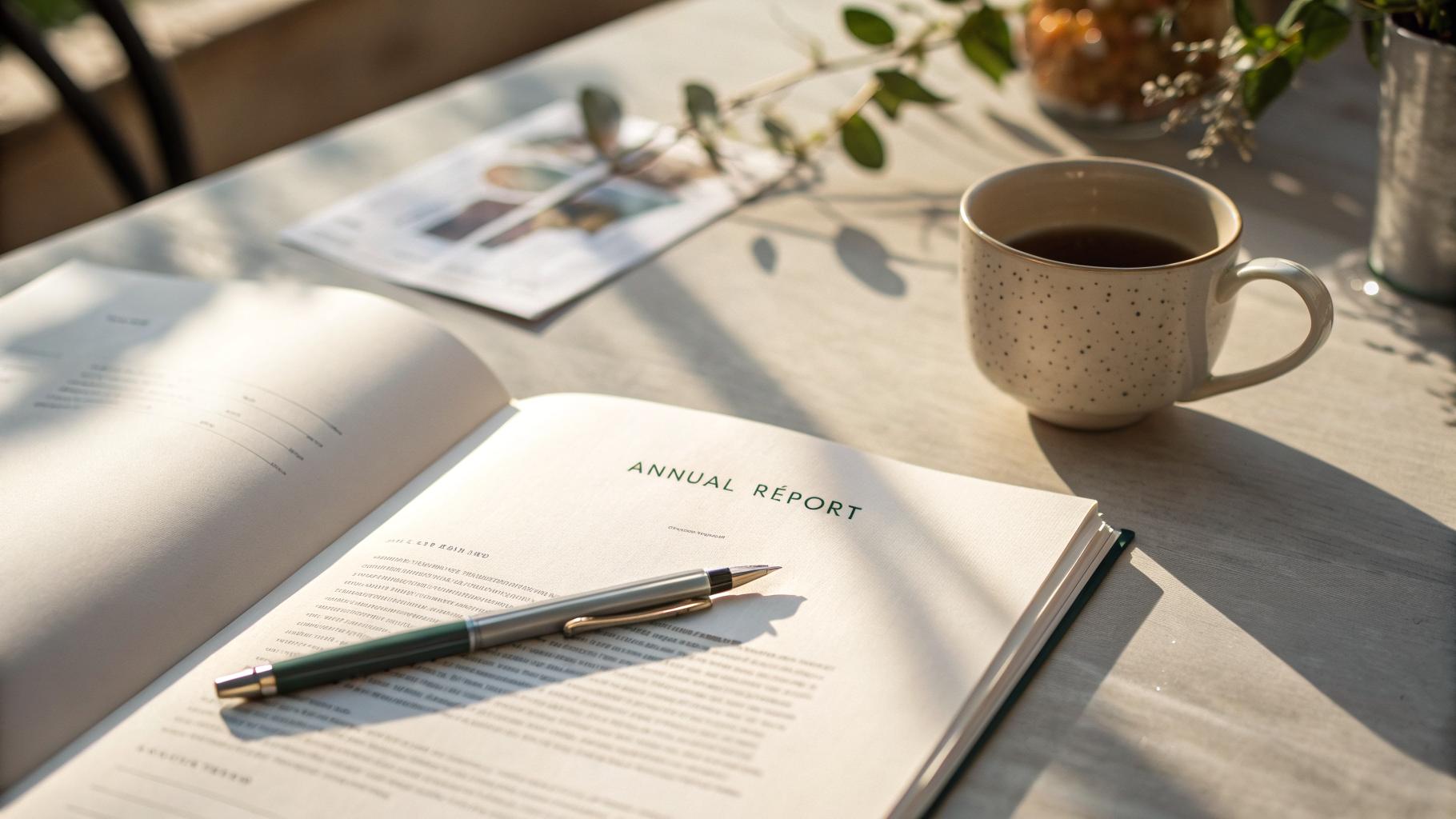 The image shows a partially open book titled 'Annual Report' resting on a wooden table. Beside the book is a cup of coffee and a small plant, creating a serene workspace setting illuminated by natural light.