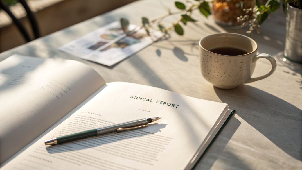 The image shows a partially open book titled 'Annual Report' resting on a wooden table. Beside the book is a cup of coffee and a small plant, creating a serene workspace setting illuminated by natural light.